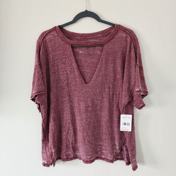We The Free People Top Womens Medium Jordan Burnout Tee Merlot V‑Neck Oversized - Picture 1 of 6